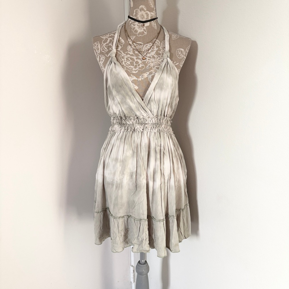 Ocean Drive Tie Dye Halter Mini Dress Green Smocked Waist Tiered Ruffle Small